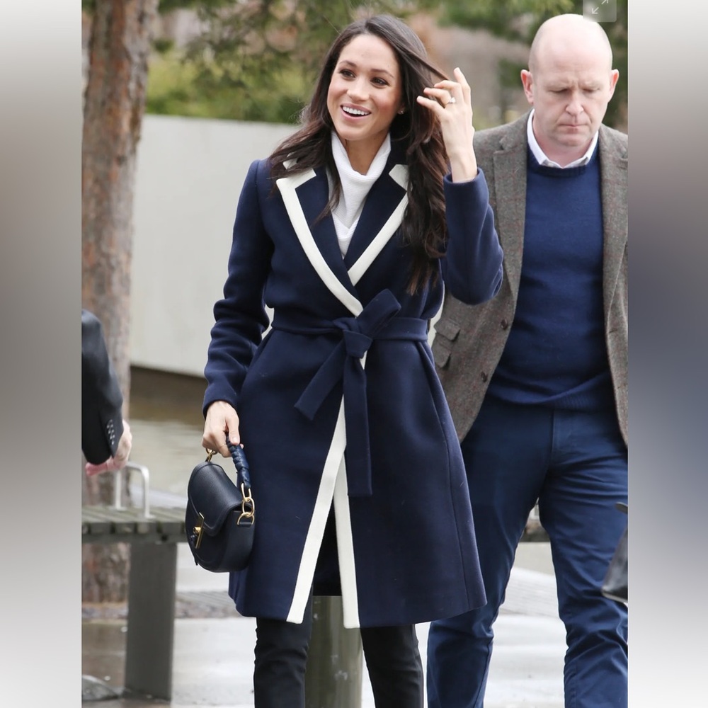 J. Crew navy wool wrap coat ASO Meghan Markle